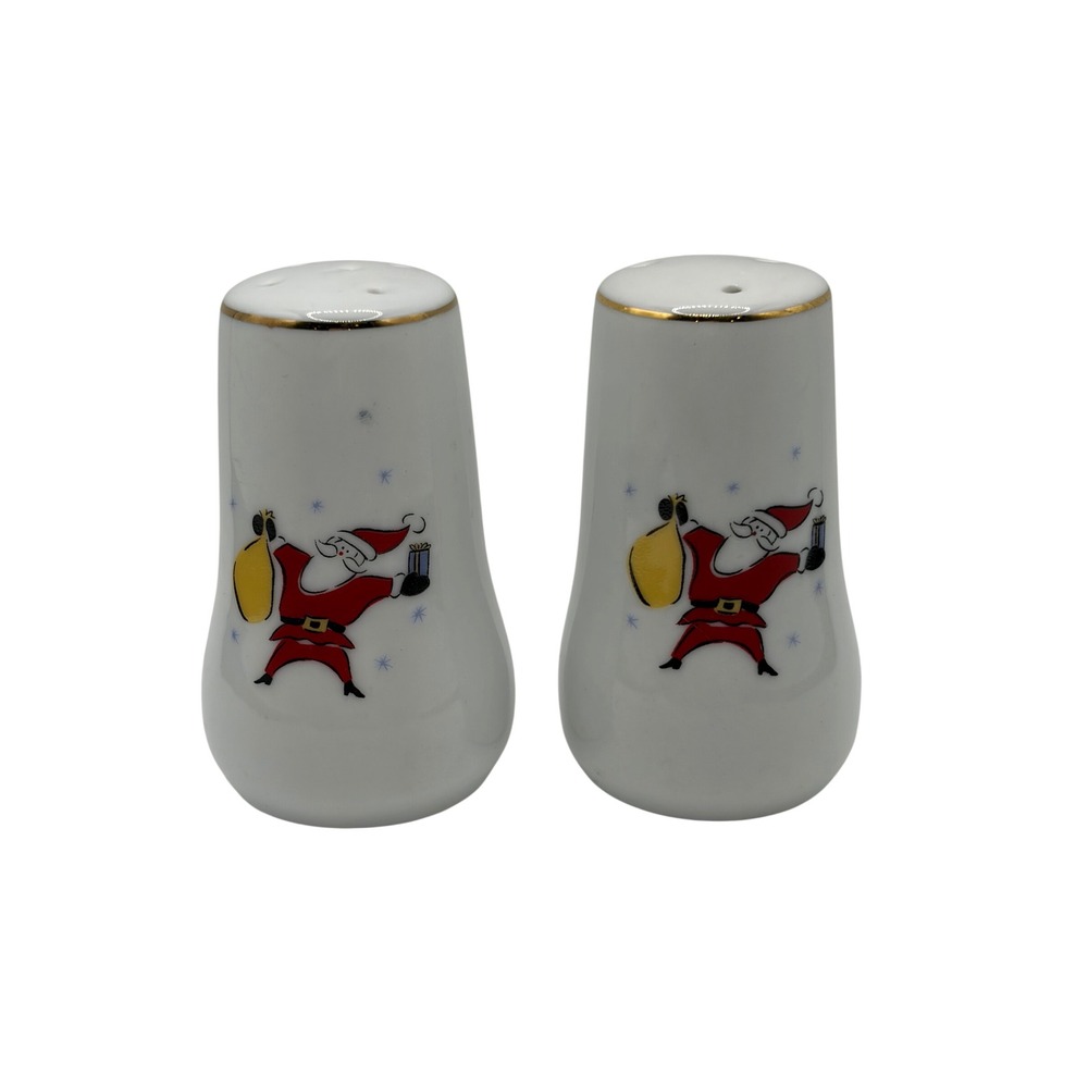Merry Brite Christmas Santa Claus Ceramic Salt and Pepper Shakers Set White Gold